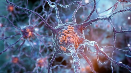 Close up of a neuron cell with dendrites and axons on a blue background with orange highlights