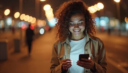 Young African-American woman uses 5G smartphone in city at night. Girl gen z smiles, types on cellphone, reads social media app. Mobile tech, online networking, digital communication.
