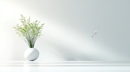 Grasses in Vase Minimalist Decor, Soft Lighting High Resolution, Wide Shot Bright Room, Simple Clean Lines, Serene Still Life, White Background, Calm Peaceful Mood, Ideal for Home Decor Ads