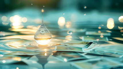 A soft glowing droplet gently falling into calm water, surrounded by floating faded photographs. This surreal and poetic composition symbolizes memory, the passage of time, and emotional reflection. I