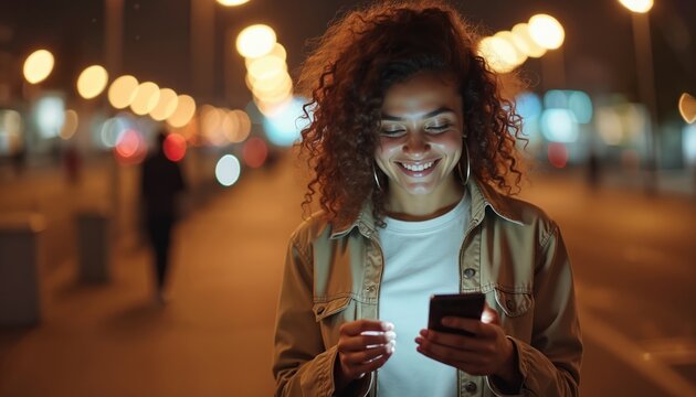 Young African-American woman uses 5G smartphone in city at night. Girl gen z smiles, types on cellphone, reads social media app. Mobile tech, online networking, digital communication.
