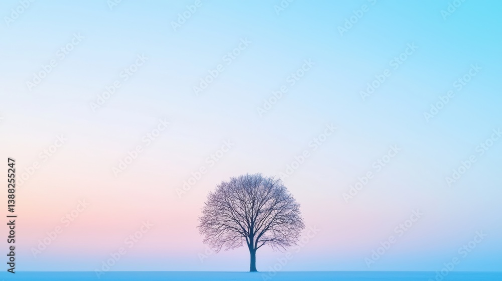 Poster quiet single tree in a vast open field under soft morning light.