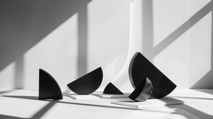 A luxury abstract composition featuring matte black geometric shapes arranged in perfect balance on a white surface. Subtle soft shadows and minimal styling create a refined editorial aesthetic. Ideal