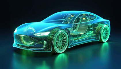 Futuristic electric car design with blue hologram and green glow. 3D render of battery and drive train. Concept of eco-friendly, innovative automotive tech, clean energy, charging.