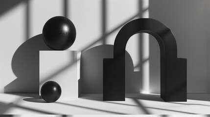 A luxury abstract composition featuring matte black geometric shapes arranged in perfect balance on a white surface. Subtle soft shadows and minimal styling create a refined editorial aesthetic. Ideal