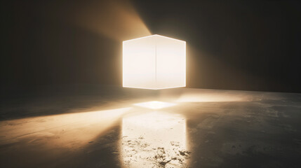A minimalist abstract scene featuring a glowing white cube suspended above a dark velvet surface. Long soft shadows create a dramatic visual metaphor of pressure and purity. Ideal for conceptual art, 