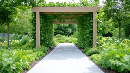 Fototapeta premium A serene garden path under a pergola, filled with vibrant greenery. A walkway leads through a lush, landscaped area