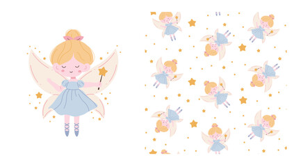 Vector set for printing on children's products. Flat style illustration of a cute fairy with blonde hair holding a magic wand. Seamless pattern of a cute fairy with blonde hair