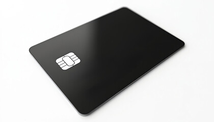 Black credit card with chip on white background. Isolated blank plastic card for payment finance business concept. Payment system, banking, shopping, e-commerce technologies.