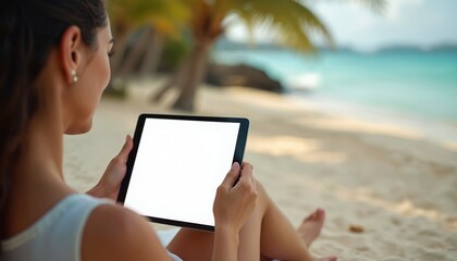 Woman using tablet with blank white screen on beach. Concept of freelancing workaholism. Digital nomad working remotely on vacation. Tablet mockup concept. Online work, travel, remote work,