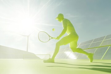 Futuristic tennis player in solar-powered arena
