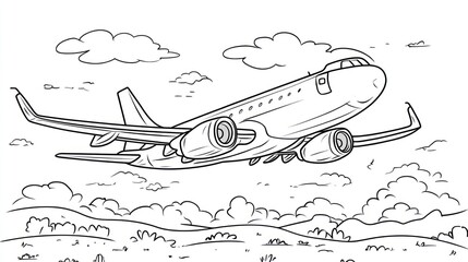 Airplane in flight over landscape, coloring book illustration