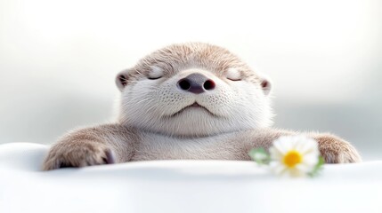 Fototapeta premium Cute baby otter sleeping peacefully on a soft surface, with a flower nearby