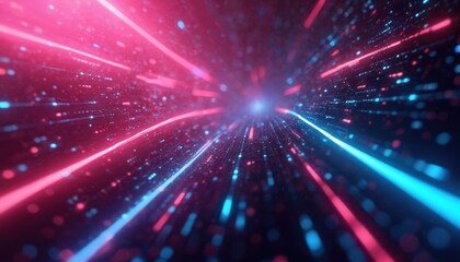 Fototapeta premium Abstract digital art background with pink blue neon glowing lines, white dots. Futuristic cyberpunk aesthetic for website social media design projects. Tech digital innovation data transfer