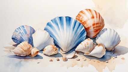 Seashells watercolor background, coastal mood, decorative purpose