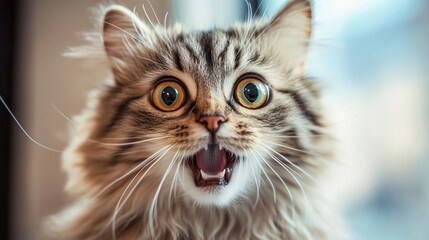 Close up of surprised tabby cat with big eyes and open mouth funny cat face pet photography animal portrait