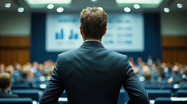 Corporate trainer delivering profit-driven business strategies conference room motivational speech professional environment engaging