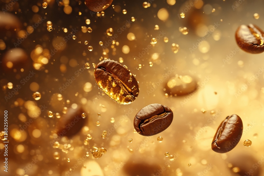 Poster artistic abstract background featuring coffee beans transformed into golden liquid drops creating a 
