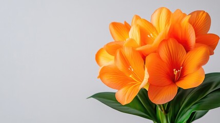 Vibrant orange flowers in full bloom with lush green leaves, set against a soft grey background, and close-up composition highlighting natural beauty.