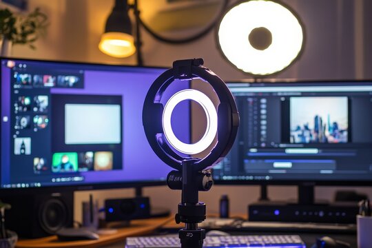 Modern streaming setup with led ring light and dual monitors
