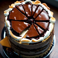 A perfectly composed shot of a tempting hot fudge sundae brownie cheesecake, with a glossy hot fudge drizzle and a luxurious presentation. Generative AI