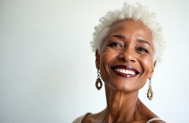 Smiling African American mature woman portrait isolated white background. Senior lady with white hair, radiant smile. Happy, healthy, beautiful face shows positive attitude to aging, skin care.