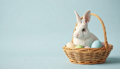 Adorable White Bunny in a basket with colorful Easter eggs, against a soft blue background, with copy space.
