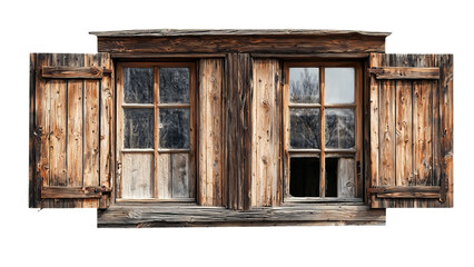 Png of Rustic wooden window with open shutters, showcasing craftsmanship and natural textures on transparent background.
