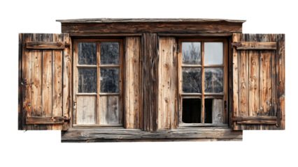 Png of Rustic wooden window with open shutters, showcasing craftsmanship and natural textures on transparent background.