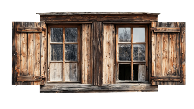 Png of Rustic wooden window with open shutters, showcasing craftsmanship and natural textures on transparent background.