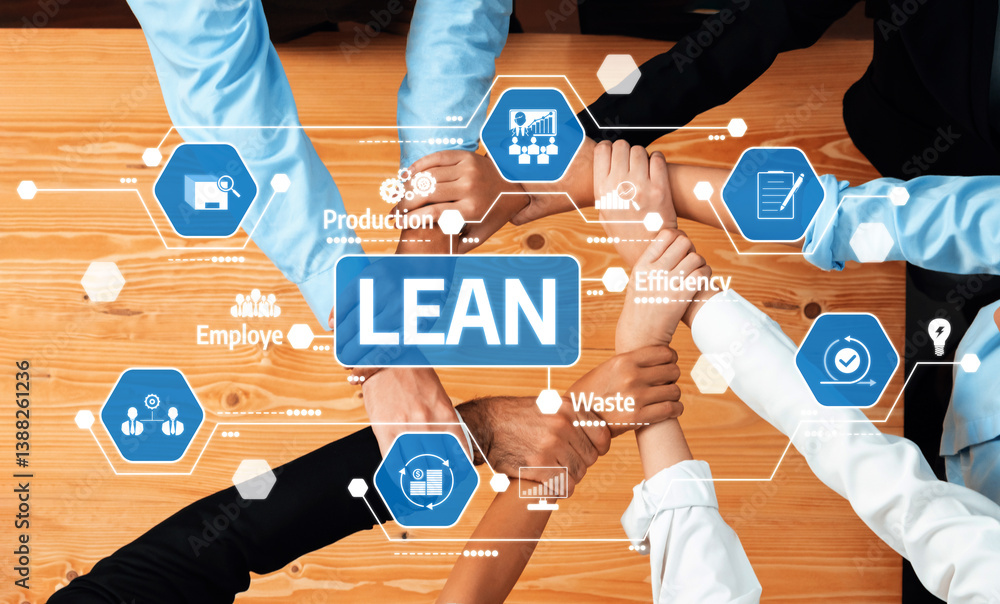 Poster a diverse team collaborating around a table, showcasing lean management principles with a focus on e
