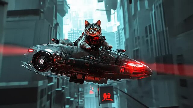 Futuristic cat piloting a sleek hovercraft through a neon-lit cyberpunk cityscape