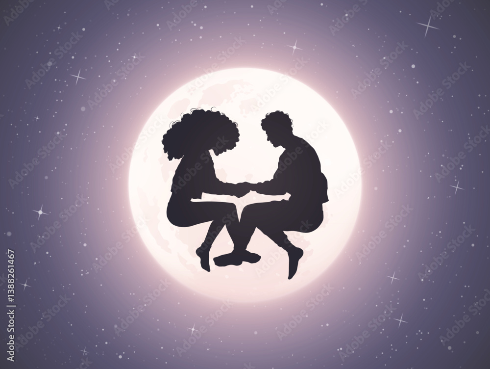 Sticker couple of lovers hold hands. couple silhouette at night. full moon