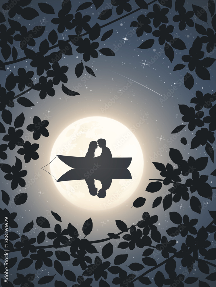 Sticker lovers in boat. couple at lake. leaves framing full moon in night sky