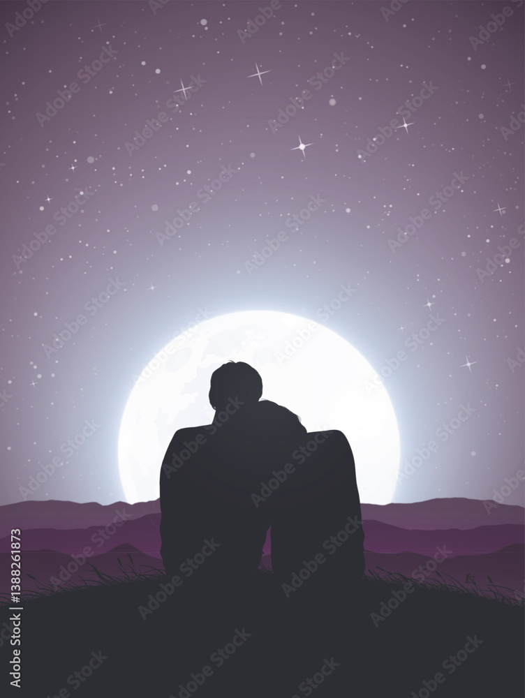 Sticker lovers sitting on top of mountain. honeymoon. full moon in night sky