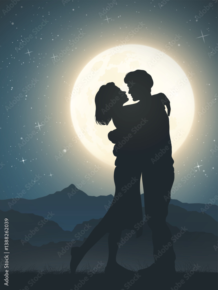 Sticker hugging couple silhouette. honeymoon at mountains. moonlight night