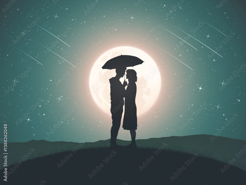 Sticker lovers with umbrella. couple silhouette. falling star, moonlight night
