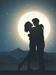 Hugging couple silhouette. Honeymoon at mountains. Moonlight night