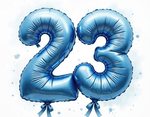 Watercolor illustration number 23 as blue balloon. Birthday anniversary celebration design for invitation cards posters, prints, party decorations. Festive, joyful, shiny vibe on white background.