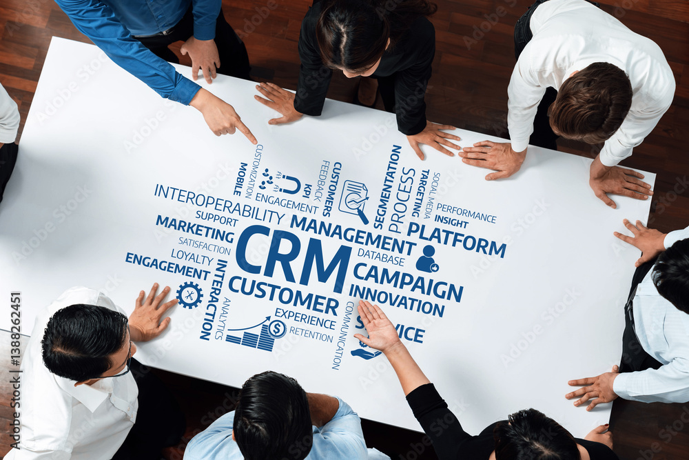 Poster A diverse business team collaborates around a table on customer relationship management strategies, highlighting key concepts such as engagement, performance, and innovation. Amity
