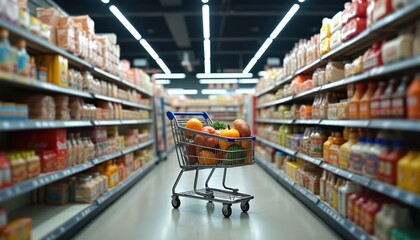 Shopping cart filled with fruits travels through supermarket aisle. Concept supply demand, consumerism, grocery buying. Shelf products background blur, healthy food market, food store.