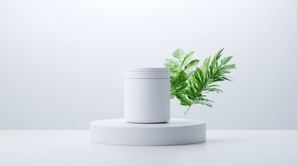 White product container on a white pedestal with greenery
