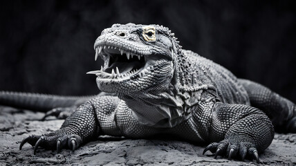 Obraz premium Close-up Portrait of a Komodo Dragon with its Mouth Slightly Open, Revealing Sharp Teeth