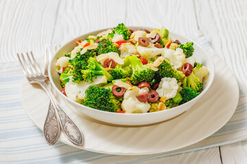 Italian Broccoli Cauliflower Salad in a white bowl
