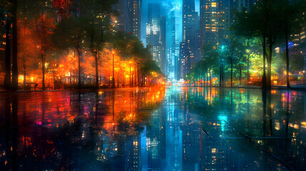 Fototapeta premium A high-resolution wallpaper of an urban cityscape at night, with glowing lights from skyscrapers and reflective surfaces creating a dynamic, modern look