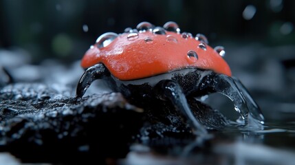Close-up of a digital ladybug in a wet environment. Water droplets cling to its surface