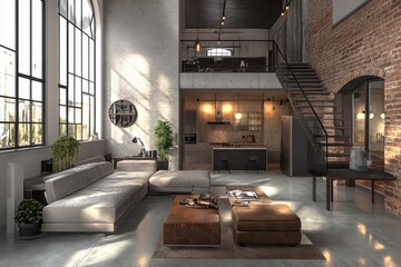 Luxury modern loft with an industrial touch, featuring stylish furniture and high ceilings