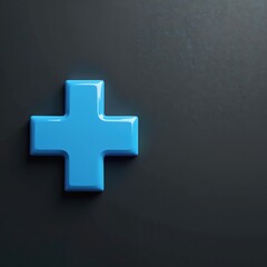 Obraz premium 3D blue medical cross icon black textured background. Pro minimalistic design healthcare medical services. Symbol for health care aid emergency pharmaceutical service doctor hospital treatment.