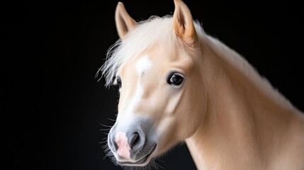 Palomino Pony High-Definition Studio Portrait Clean Elegant Style Crisp Lighting Close-Up Headshot Soft Mane Texture Gentle Gaze Black Background Warm Cream Tones Equine Advertising