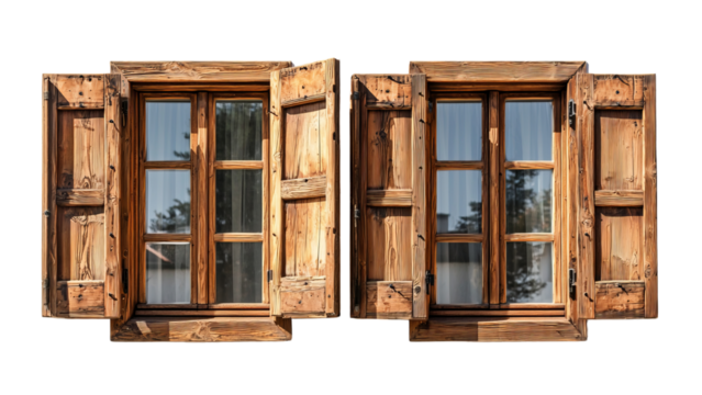 Png of A pair of open wooden windows showcasing rustic charm and natural light, enhancing a cozy atmosphere on transparent background.